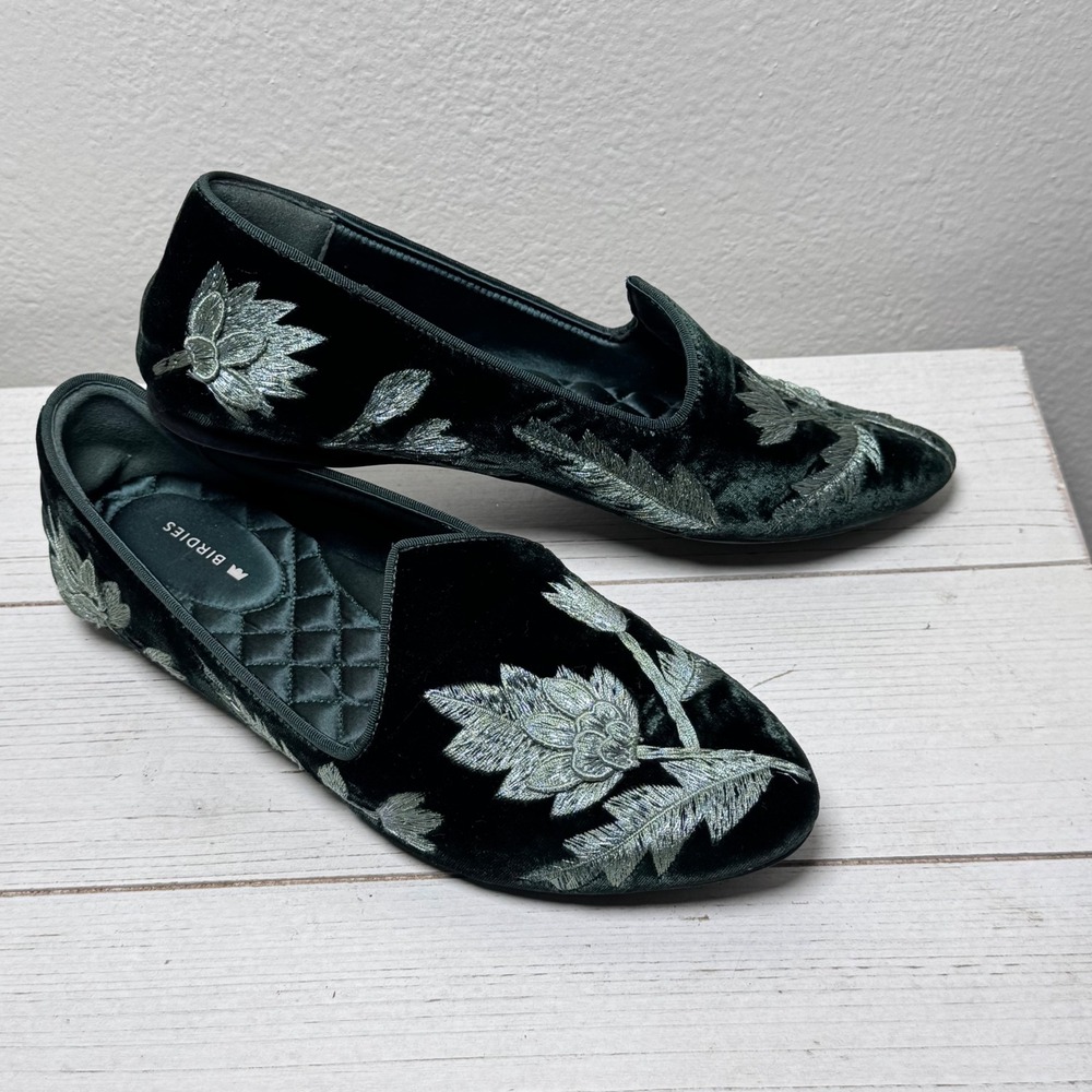 Birdies The Starling Dark Green Velvet Silver Floral Embroidered Loafers Sz 8.5